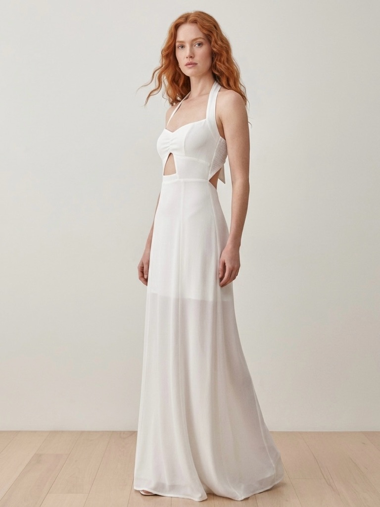 Reformation White Halter Open Back Keyhole Maxi Dress